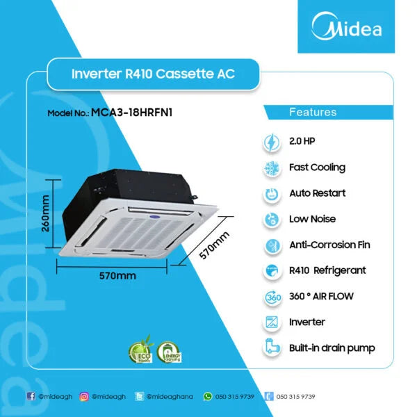Midea 2.0HP Cassette R410 Inverter Air Conditioner | MCA3-18HRFN1