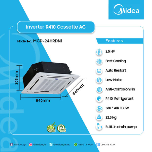 Midea 2.5HP Cassette R410 Inverter Air Conditioner | MCD-24HRND1